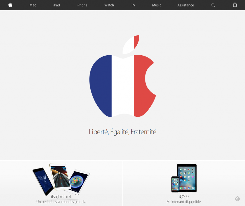 仏Apple、パリ事件受けAppleロゴをフランス国旗色に
