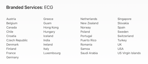 Apple　心電図機能利用可能国・地域（2020/6/6）