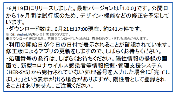 厚生労働省　「新型コロナウイルス接触確認アプリ（COCOA）」 2020年6月21日