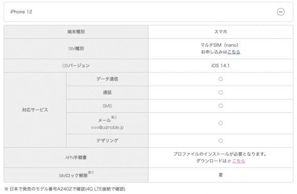 iPhone12の動作確認状況（UQモバイル-ドコモ）
