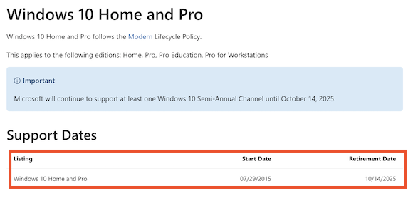 Windows 10 support lifecycle
