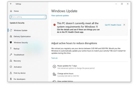 Windows Updateで最小システム要件を満たしていないと表示された画像