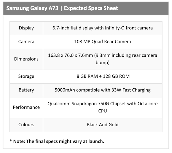 Galaxy A73 spec