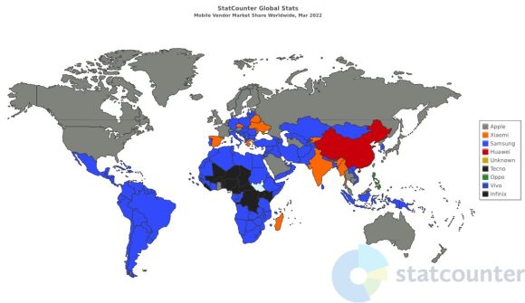 2022年3月時点での世界のスマートフォントップシェアメーカーの色分け図