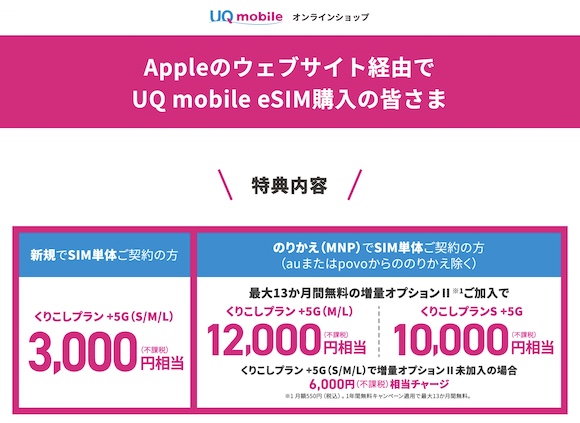 UQ mobile Apple eSIM キャンペーン
