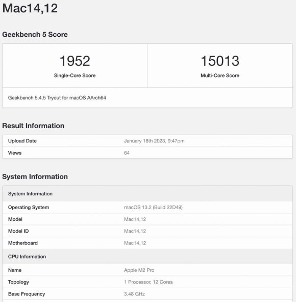 M2 Pro Mac mini Geekbench