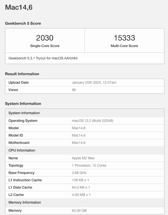 Geekbench M2 Max MacBook Pro ベンチマークスコア