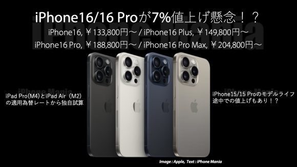 iPhone16/16 Proが7%値上げ懸念！早ければ15/15 Pro値上げも！？
