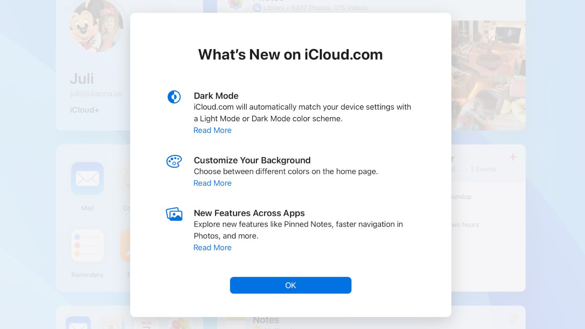 iCloud.comに9つの新機能！ダークモードも登場