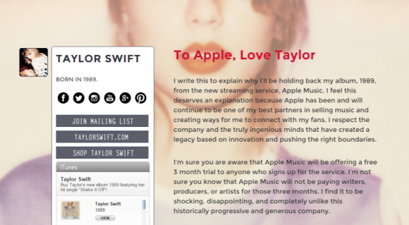 テイラー・スウィフトが、Apple Musicに最新アルバム「1989」を提供しない理由を、自身のサイトで明らかにしました。