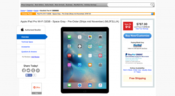 iPad Proの予約受付を行うMacMallのウェブ画面のキャプチャ