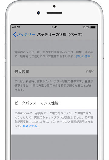 iOS11.3 バッテリー 状態 iPhone ピークパフォーマンス