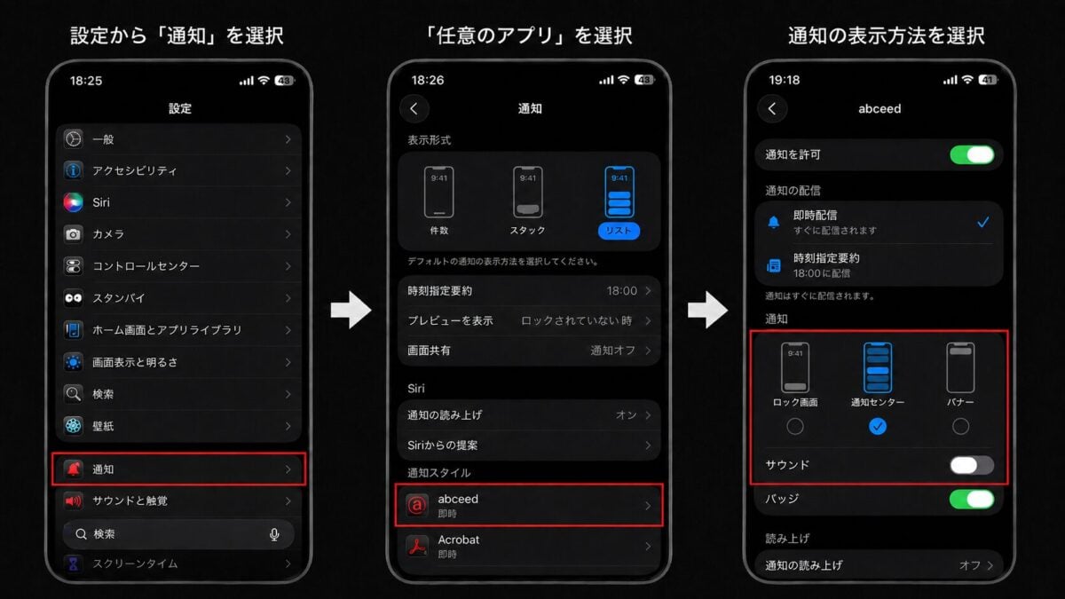 バナーを外して通知センターだけを残す方法とサウンドをオフにする方法を示した画像