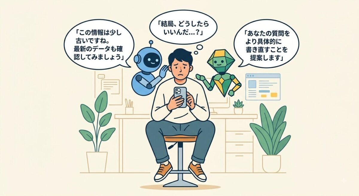 iPhoneユーザーがChatGPTとGeminiから異なるアドバイスを受けて困っているイラスト