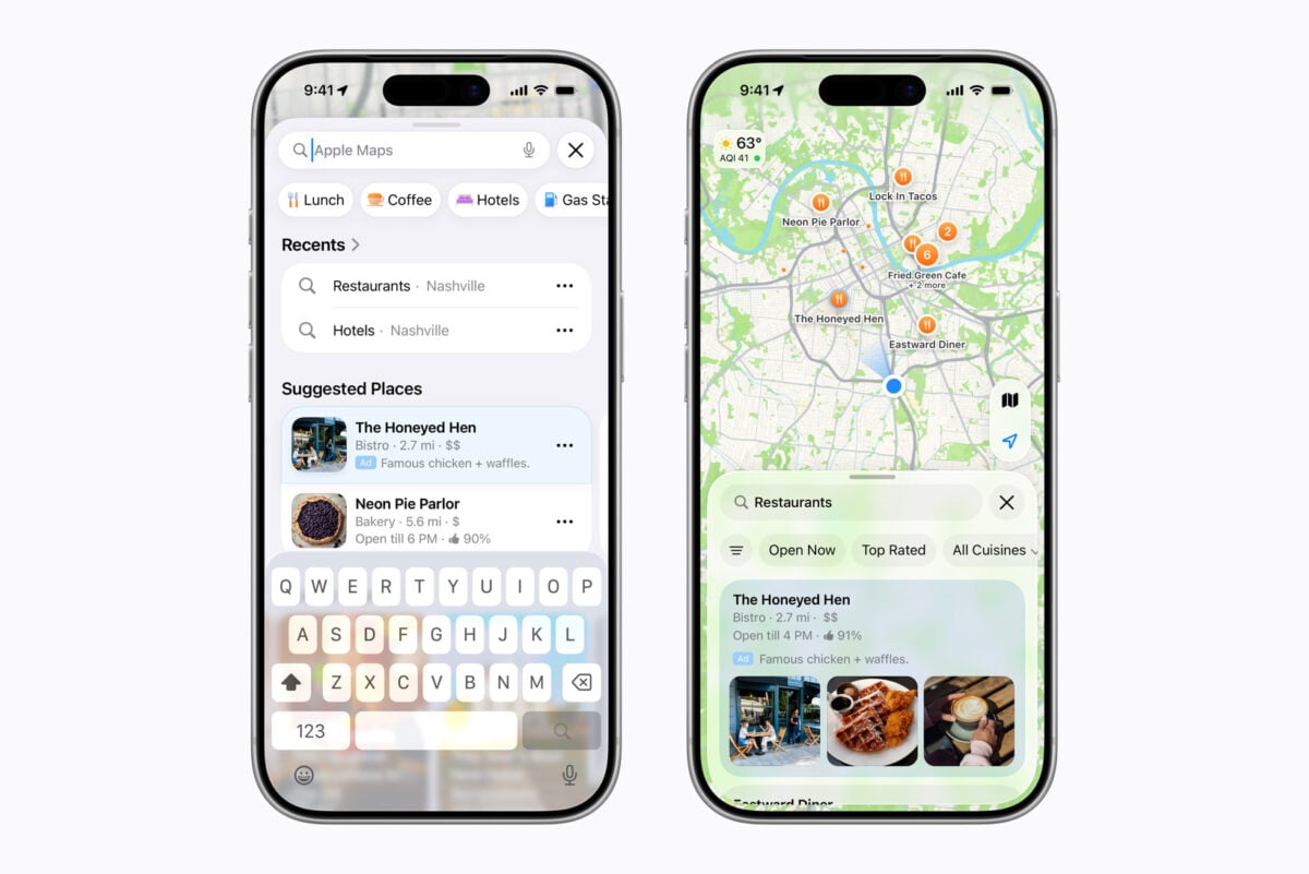 Appleマップの検索結果とおすすめの場所に店舗広告が表示された2台のiPhone