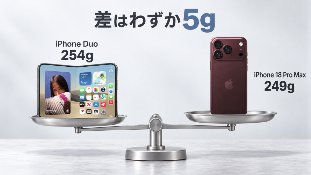 iPhone DuoとiPhone18 Pro Maxの重量の差を天秤で表した画像