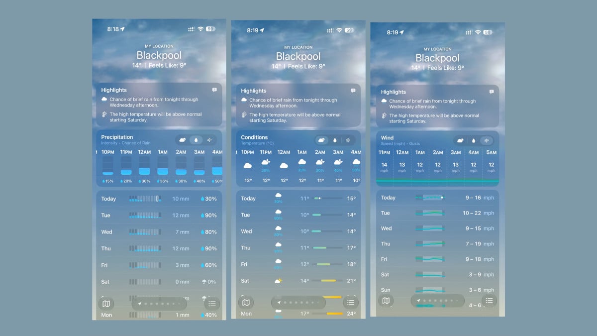 iOS27で天気アプリ刷新〜「降水量」と「風」の予報表示を追加