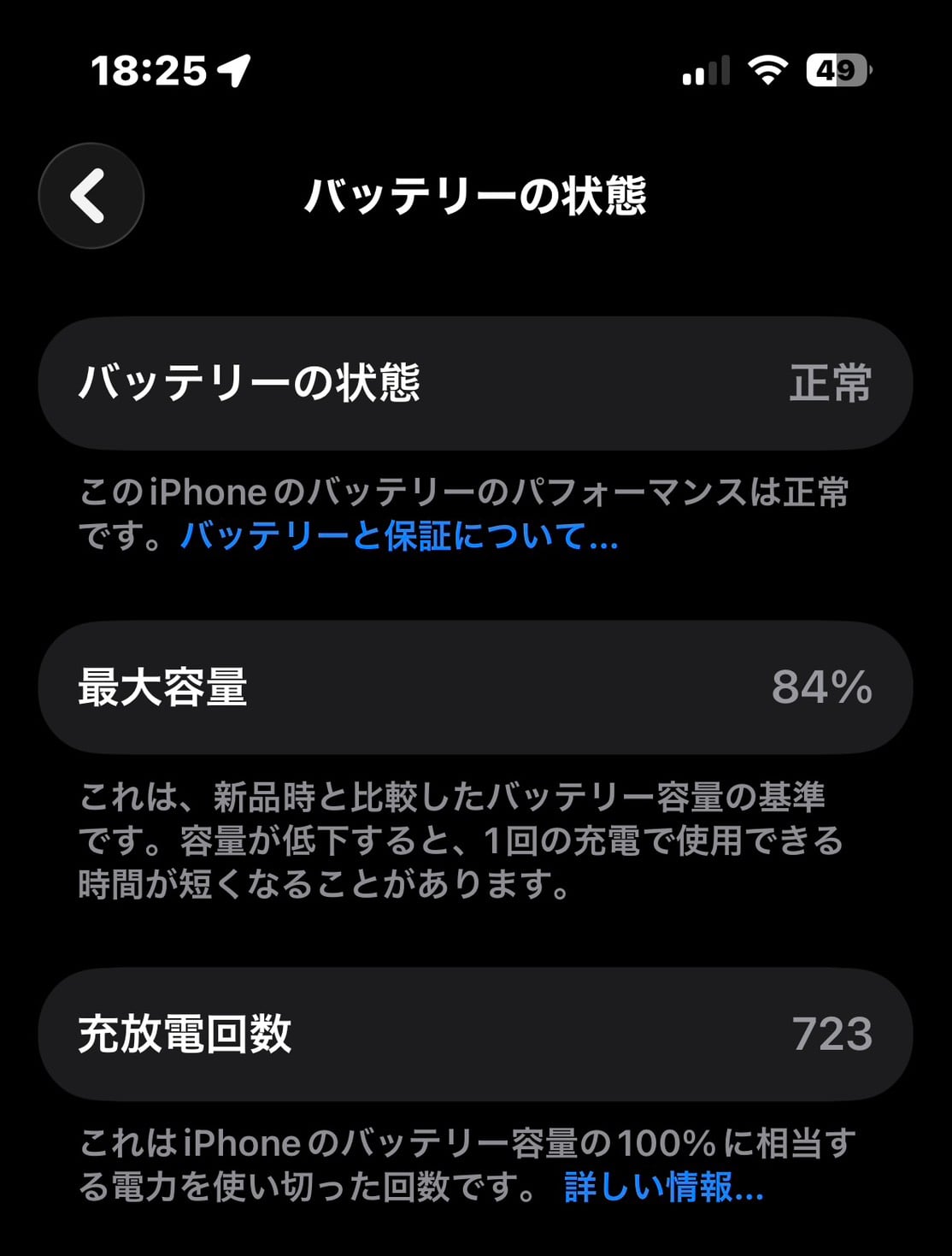 iPhone15 Proのバッテリー最大容量84%と充放電回数723回