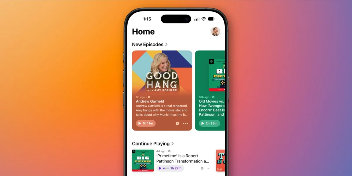 iOS27.2ベータ版のApple PodcastsでNew EpisodesとContinue Playingが表示された画面