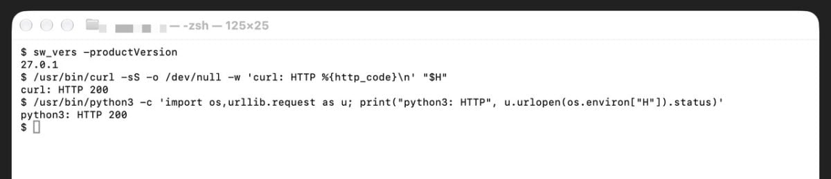 ターミナルでcurlとpython3が確認用のサイトに接続できた(macOS 27.0.1)
