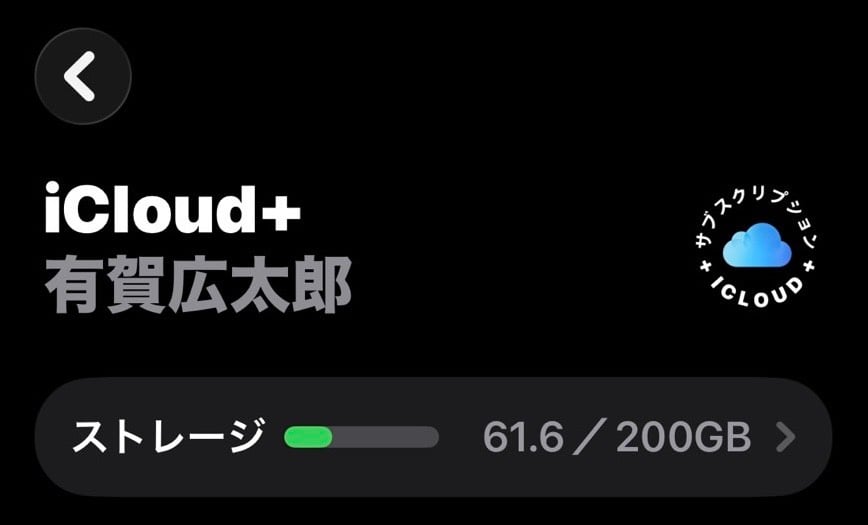 iCloud+ 200GBのうち61.6GBを使用している画面