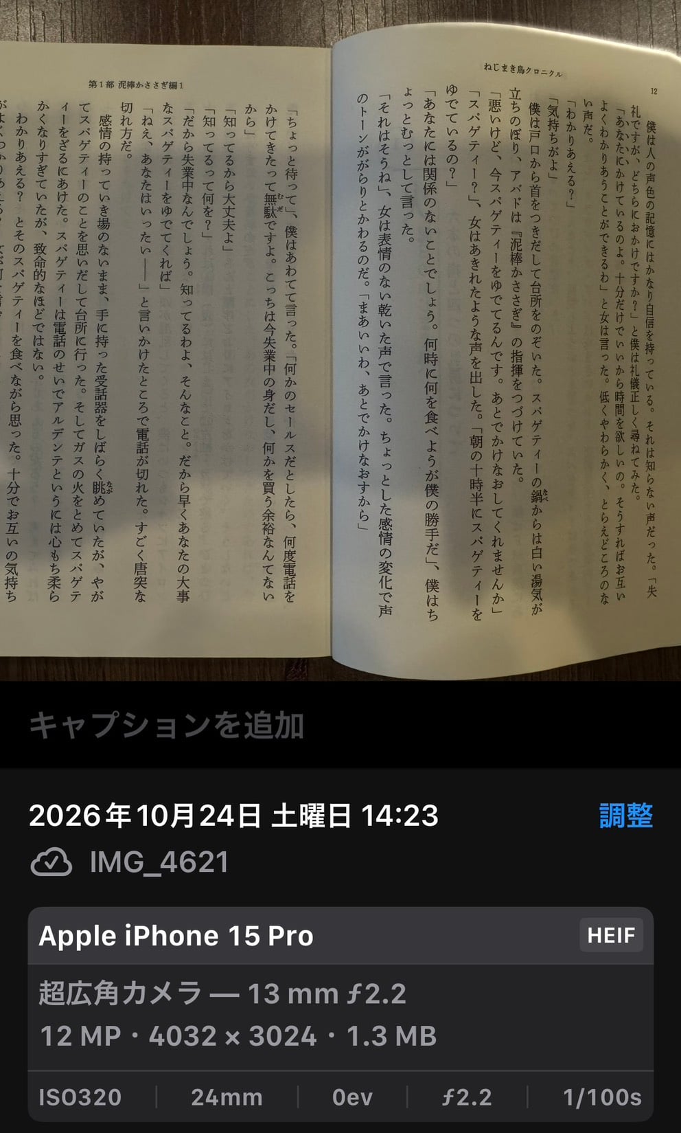 iPhone15 Proの24MP設定で撮影した写真の情報画面。超広角カメラ13mm、12MP、4,032×3,024、1.3MBと表示