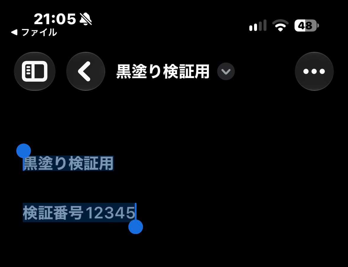 iPhoneで開いた黒塗り前のPDF。「検証番号12345」の文字列が青く選択されている画面